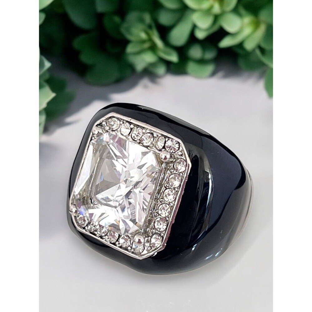New Silver Tone Ring Black Enamel CZ Cocktail Statement Size 7 - 9J